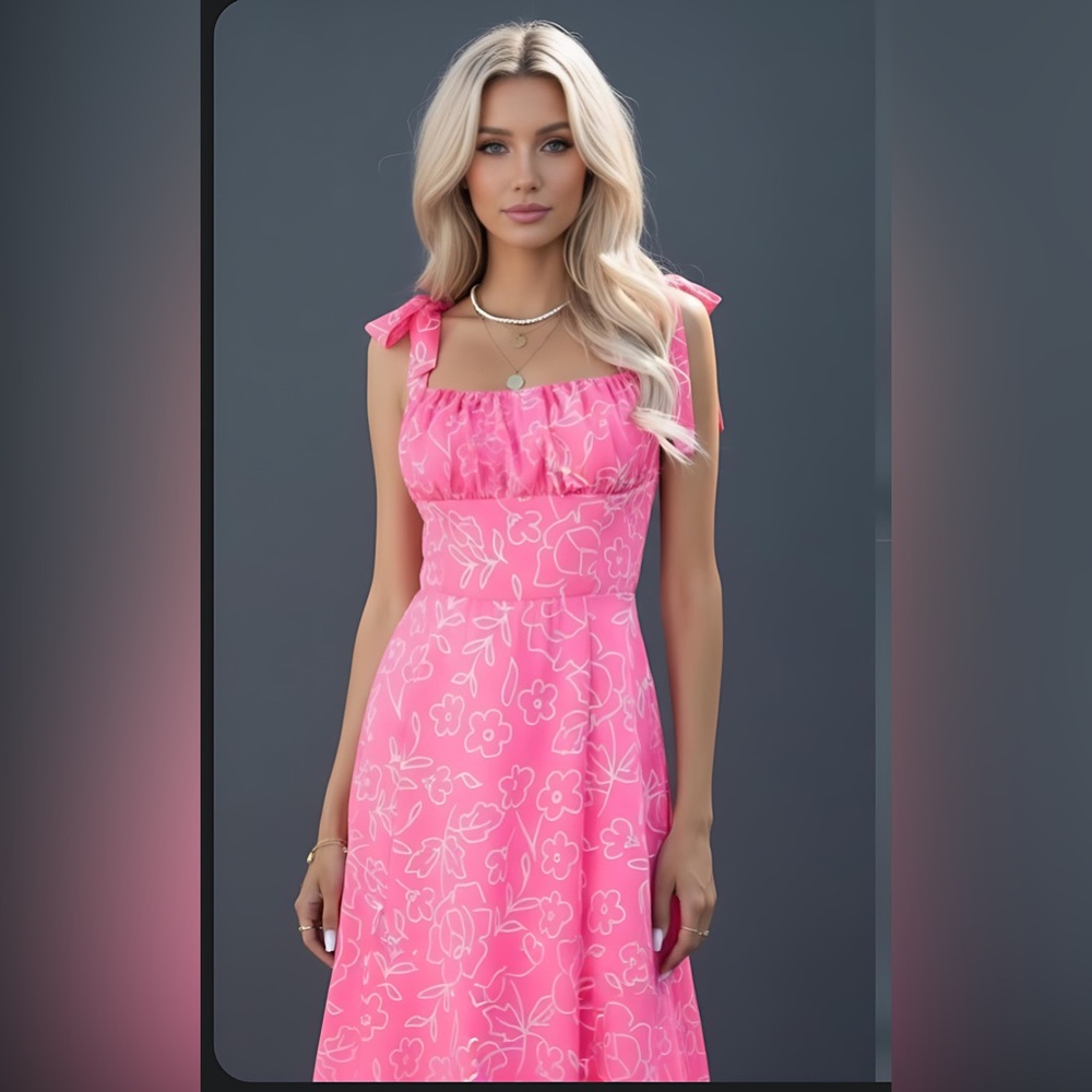Last One 🔥 Pink Chiffon Floral Print Tie Shoulder Ruched Bust Cami Dress - Picture 3 of 8